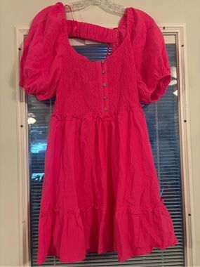 Love Riche Hot Pink Puff Sleeve Smocked Dress
